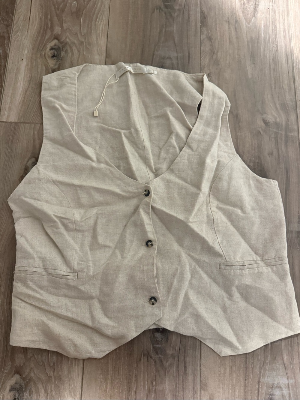 Linen-Blend V-Neck Button Vest in Beige